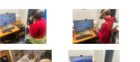 Four participants testing Assemb3D in VR at a desk, wearing headsets and using controllers.