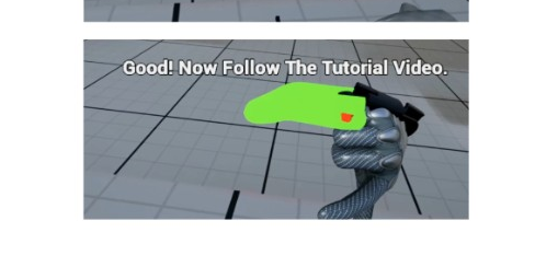VR tutorial view: gloved hand holding a highlighted part over the grid floor.