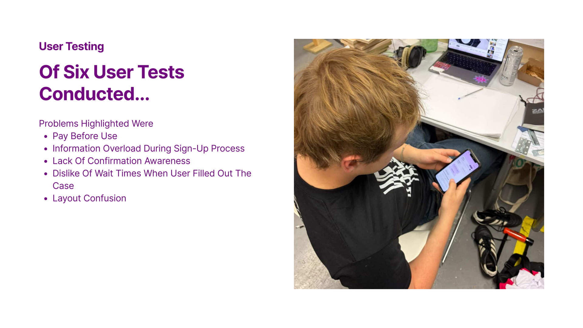 Slide listing the recurring issues from six user tests