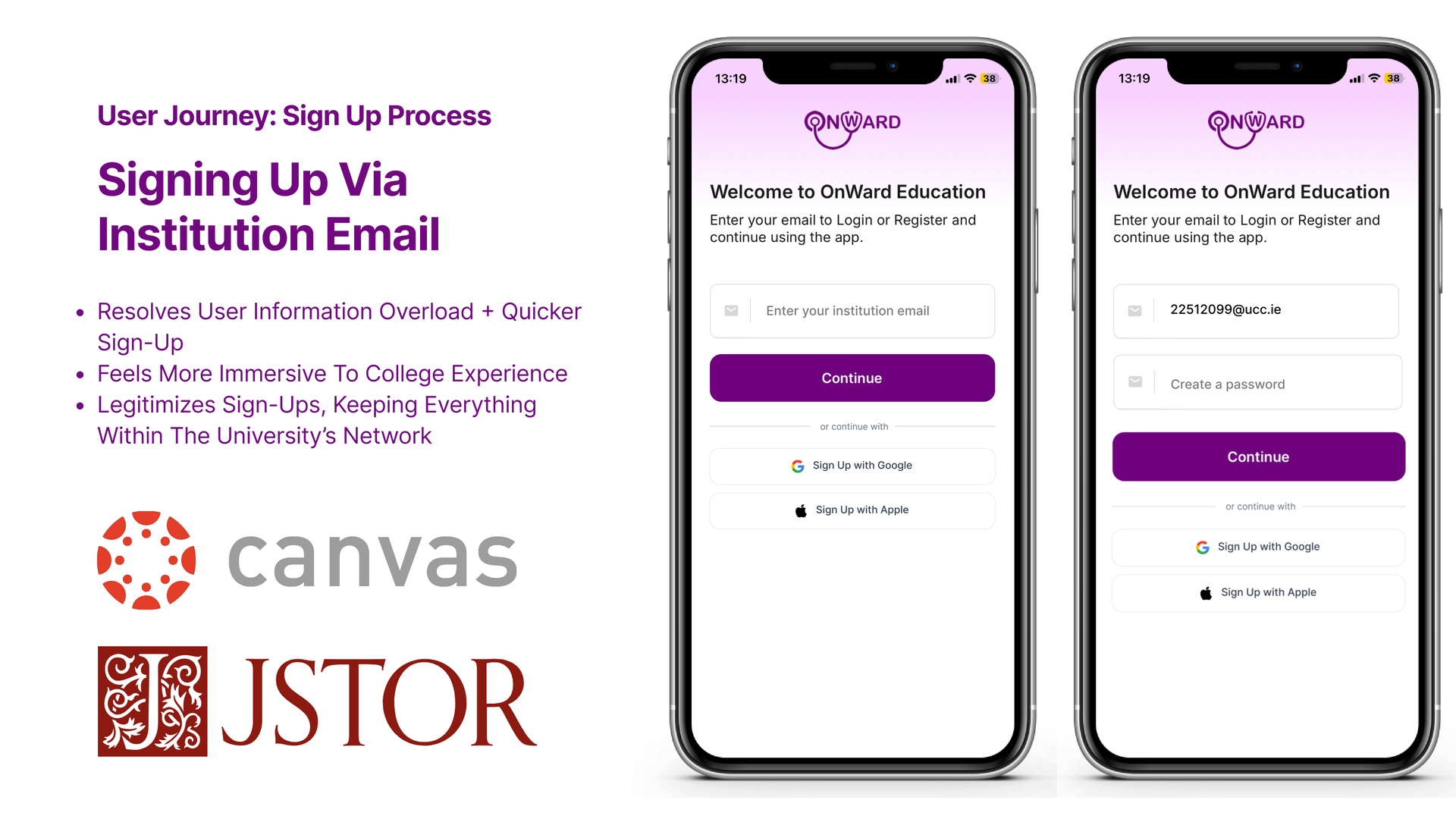 Sign-up screens for OnWard with institution email and SSO options