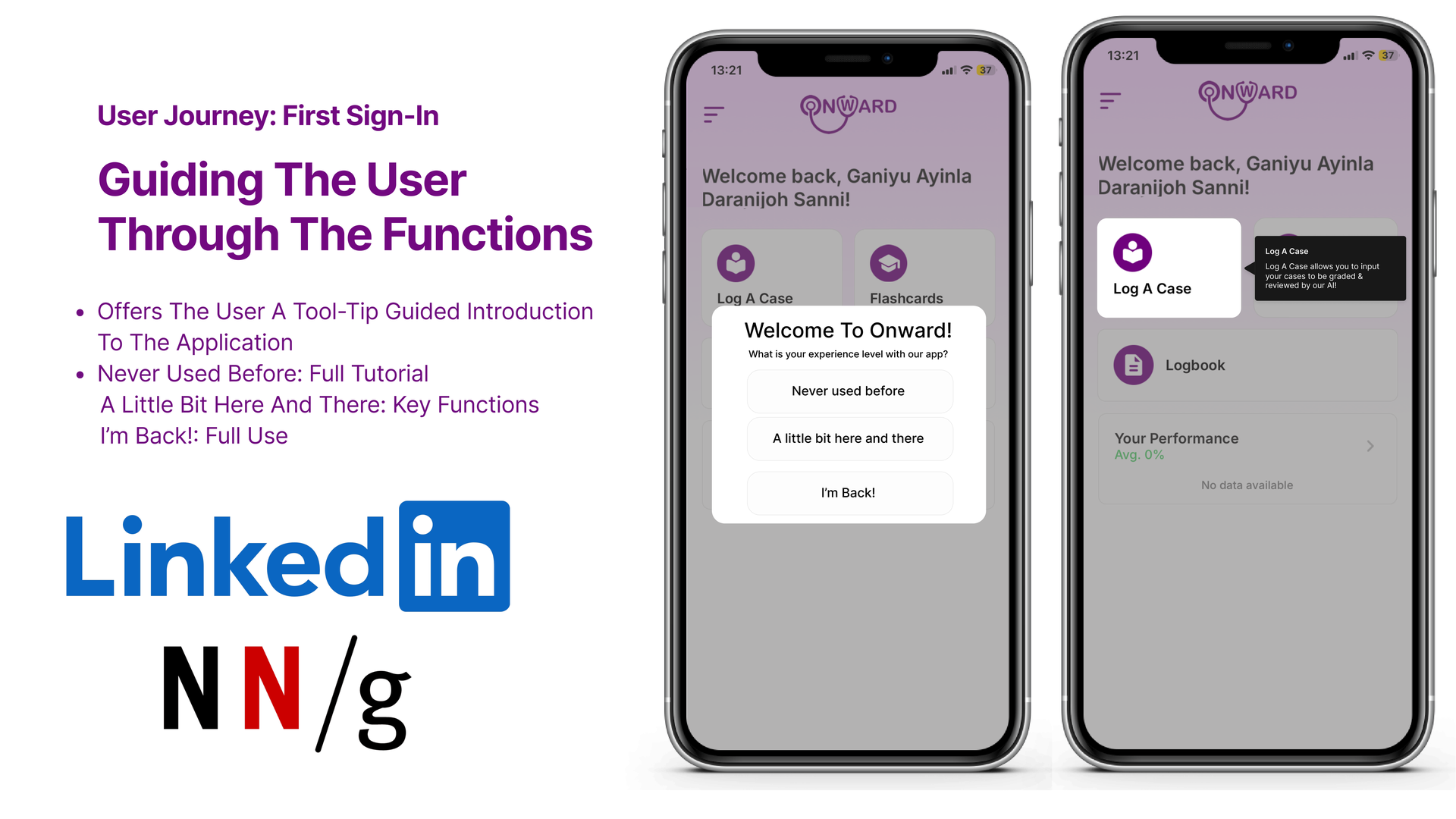 First sign-in flow — choose experience level and tool-tip introduction